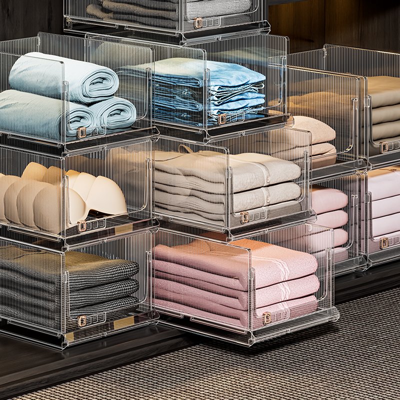 Transparent Foldable Closet Organizers Storage Bins Drawer Shelf Storage Container Stackable Plastic Storage Basket For Wardrobe