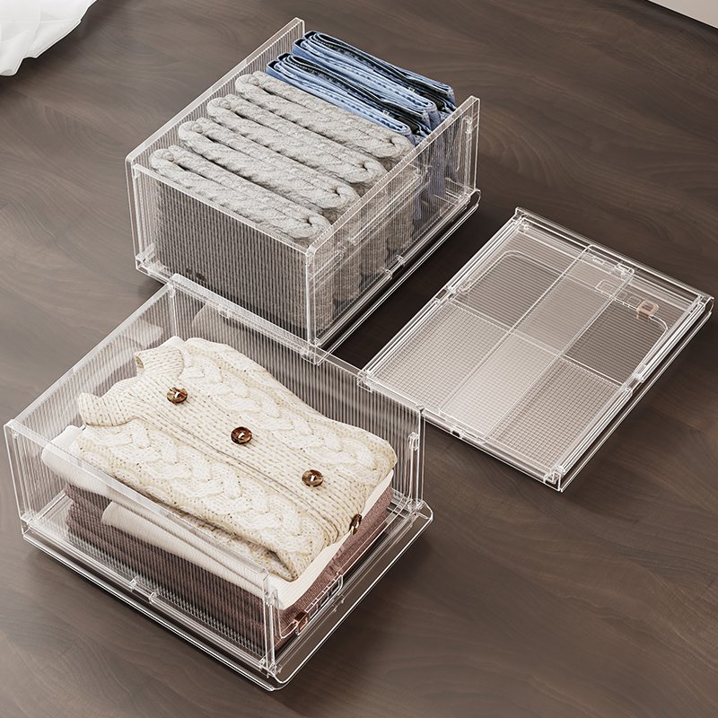 Transparent Foldable Closet Organizers Storage Bins Drawer Shelf Storage Container Stackable Plastic Storage Basket For Wardrobe