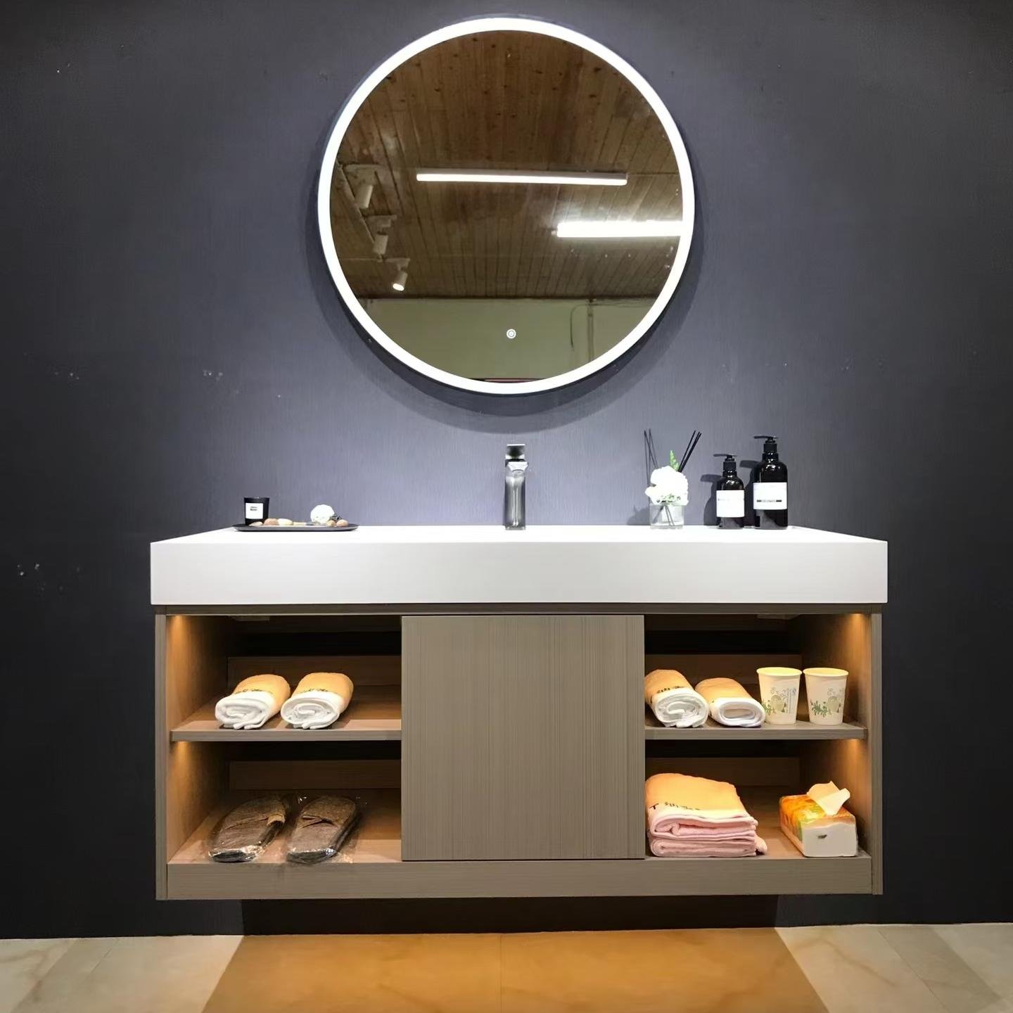 Hotel-Style Intelligent Mirror bathroom cabinet with Light Strip Curved Bathroom Washbasin Combination Wood Material