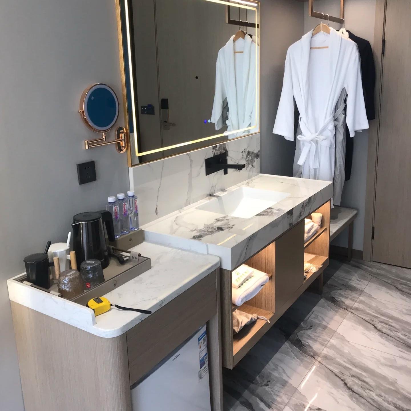 Hotel-Style Intelligent Mirror bathroom cabinet with Light Strip Curved Bathroom Washbasin Combination Wood Material