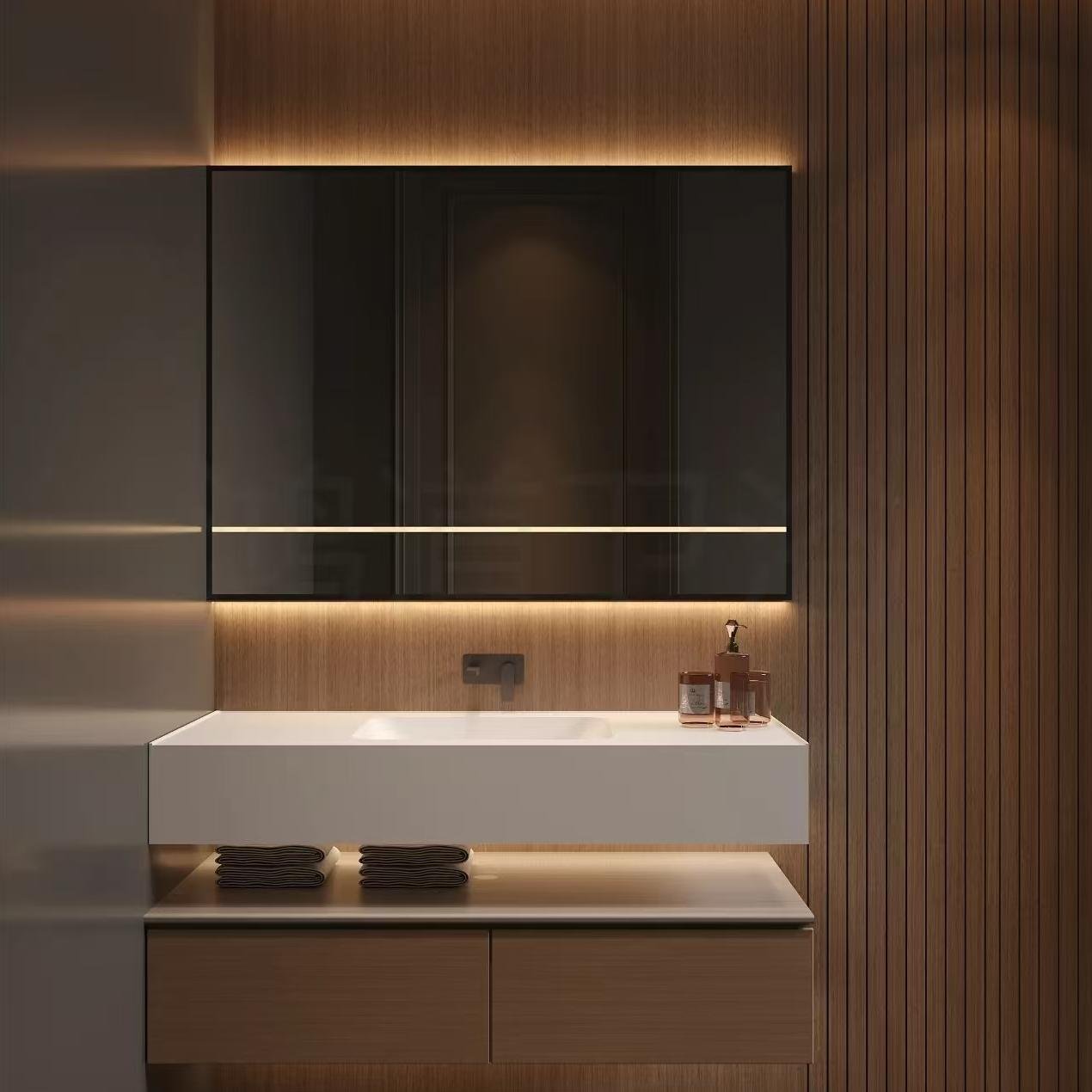 Hotel-Style Intelligent Mirror bathroom cabinet with Light Strip Curved Bathroom Washbasin Combination Wood Material