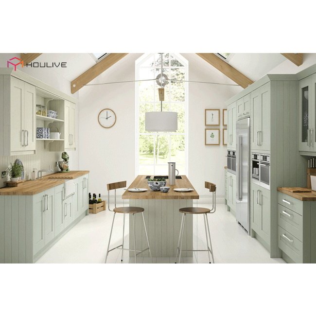 Mint Green color french country style solid wood kitchen cabinets