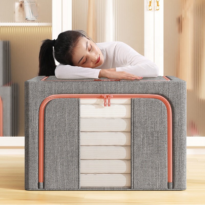 OEM/ODM 25/66/100L wardrobe foldable cloth storage organizer bag large capacity waterproof linen steel frame clothes storage box