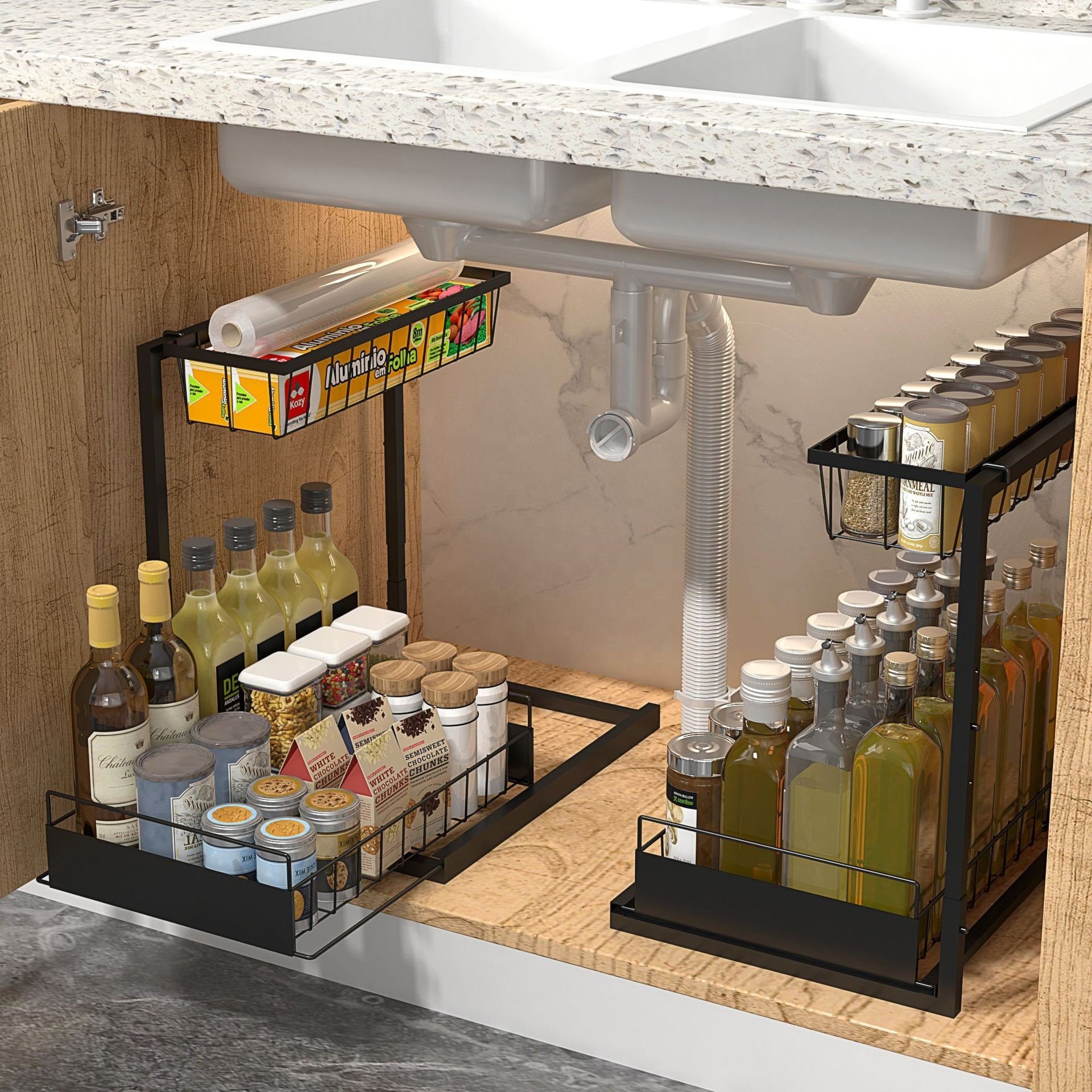 L shape Double-Tier Metal Kitchen Sink Storage Rack Carbon Steel Pull-Out Cabinet for Seasoning Bathroom Countertop Organizer