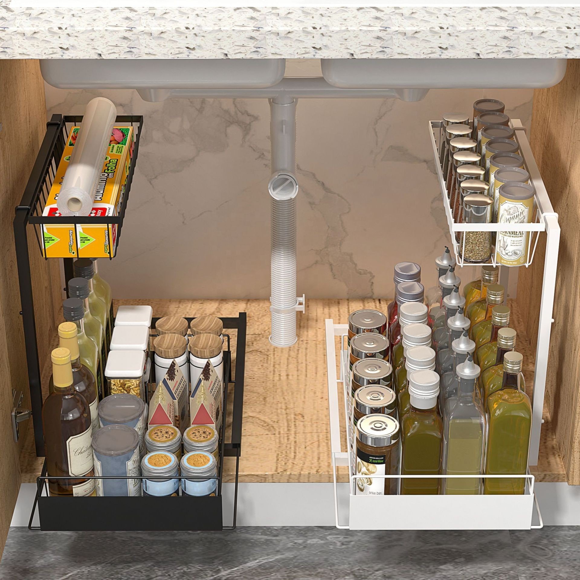 L shape Double-Tier Metal Kitchen Sink Storage Rack Carbon Steel Pull-Out Cabinet for Seasoning Bathroom Countertop Organizer