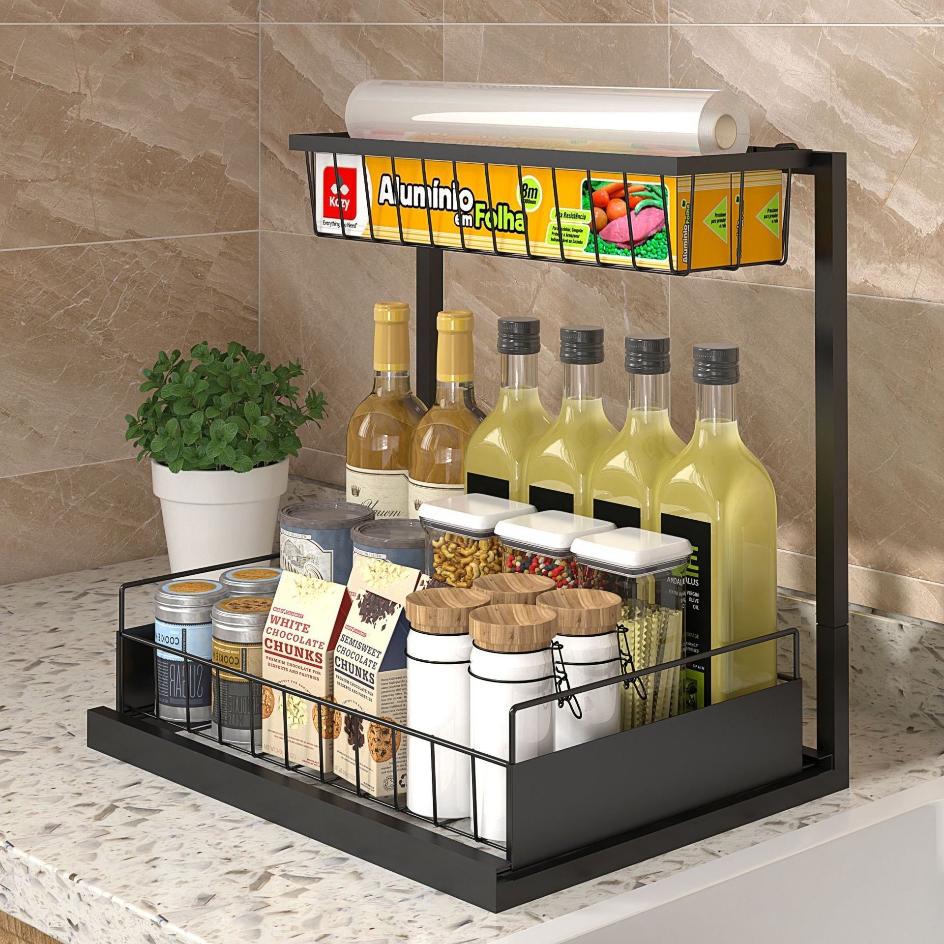 L shape Double-Tier Metal Kitchen Sink Storage Rack Carbon Steel Pull-Out Cabinet for Seasoning Bathroom Countertop Organizer