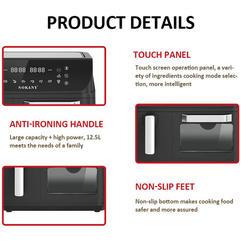 New Dual Zone Air Fryer Dual Basket 12.5L Capacity Digital Controls 2400W Convection Oven Visible Windows With 10 Cooking Preset