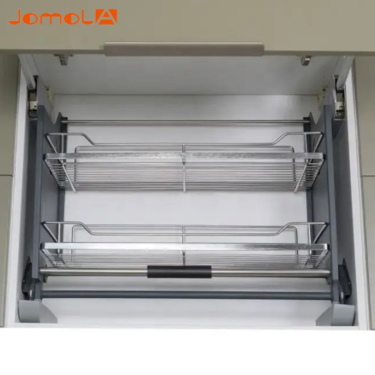 Kitchen cabinet hardware system shelf elevator pull down drawer basket