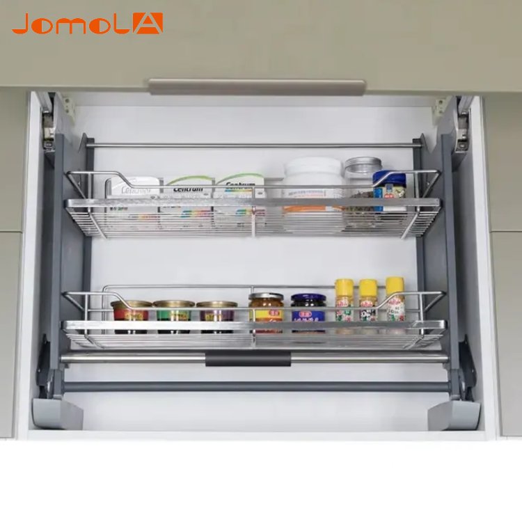 Kitchen cabinet hardware system shelf elevator pull down drawer basket