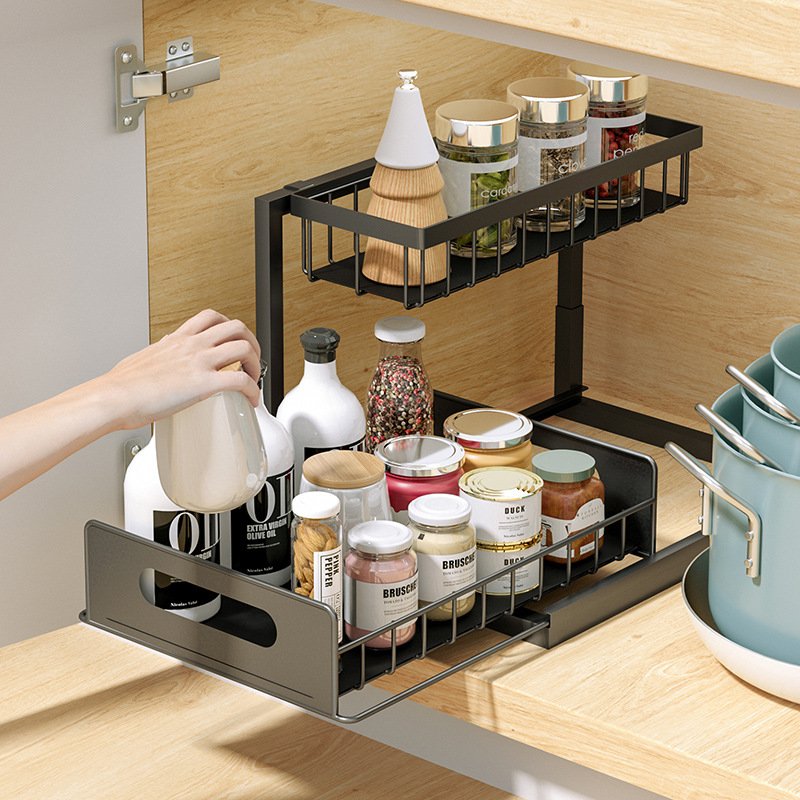 Metal Kitchen Storage 2Tier Sliding Cabinet Basket Drawer Under Sink Organizer Bathroom Storage Shelf Rack Sink Organizer
