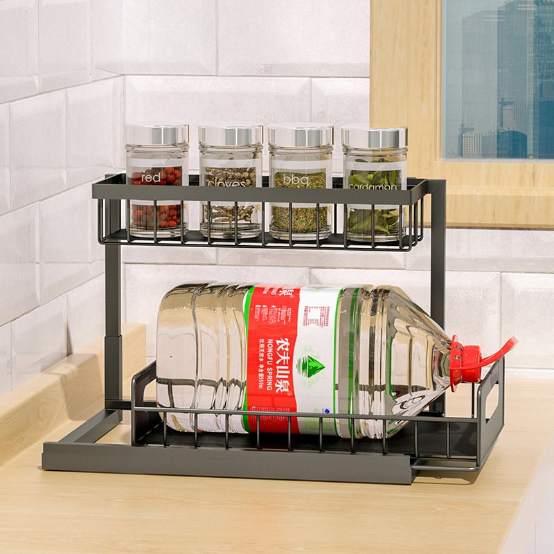 Metal Kitchen Storage 2Tier Sliding Cabinet Basket Drawer Under Sink Organizer Bathroom Storage Shelf Rack Sink Organizer