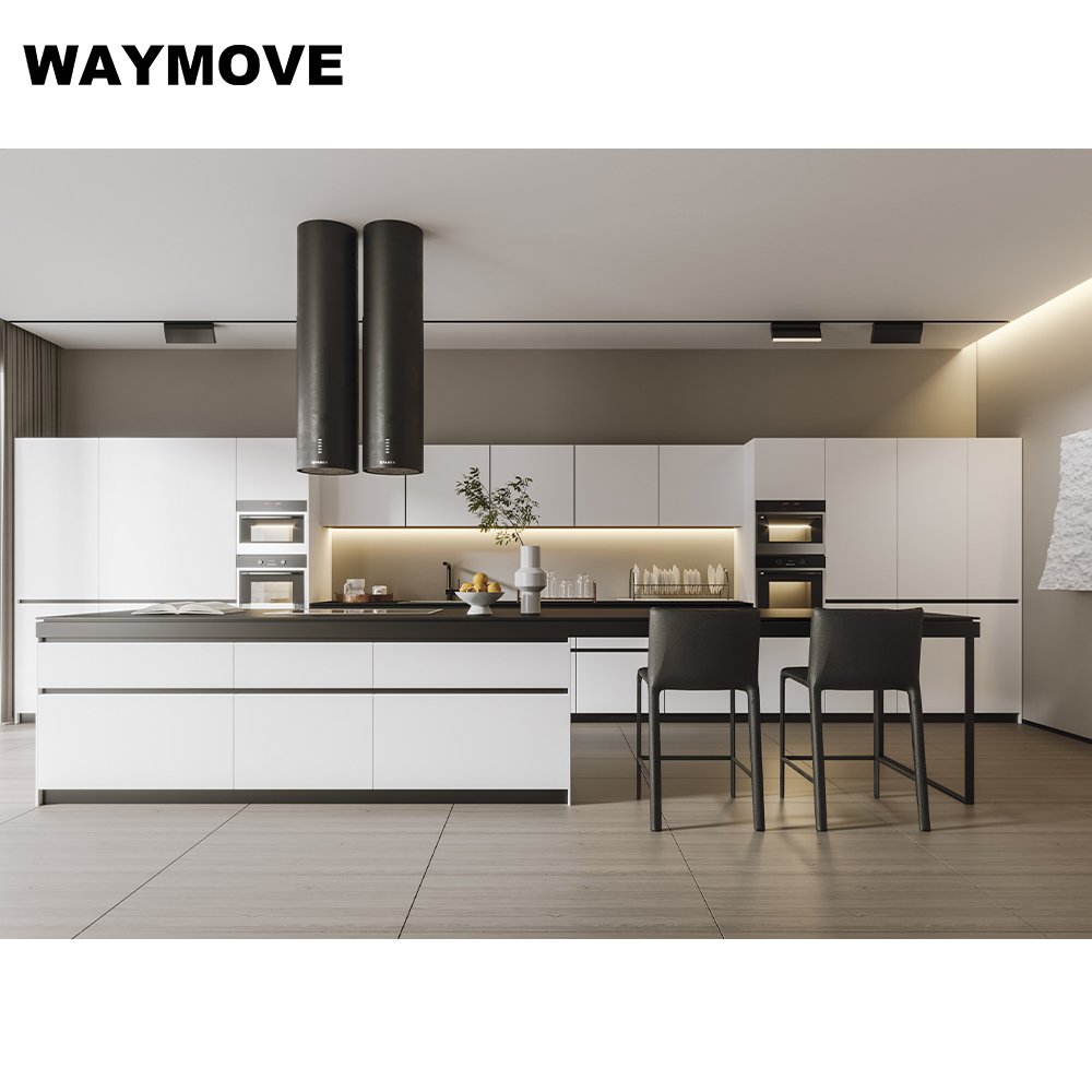 WAYMOVE Modern Kitchen Island Black Glass Sink Wood Glass Cabinets MDF PVC Door Includes Drawer Slide Faucet Backsplash