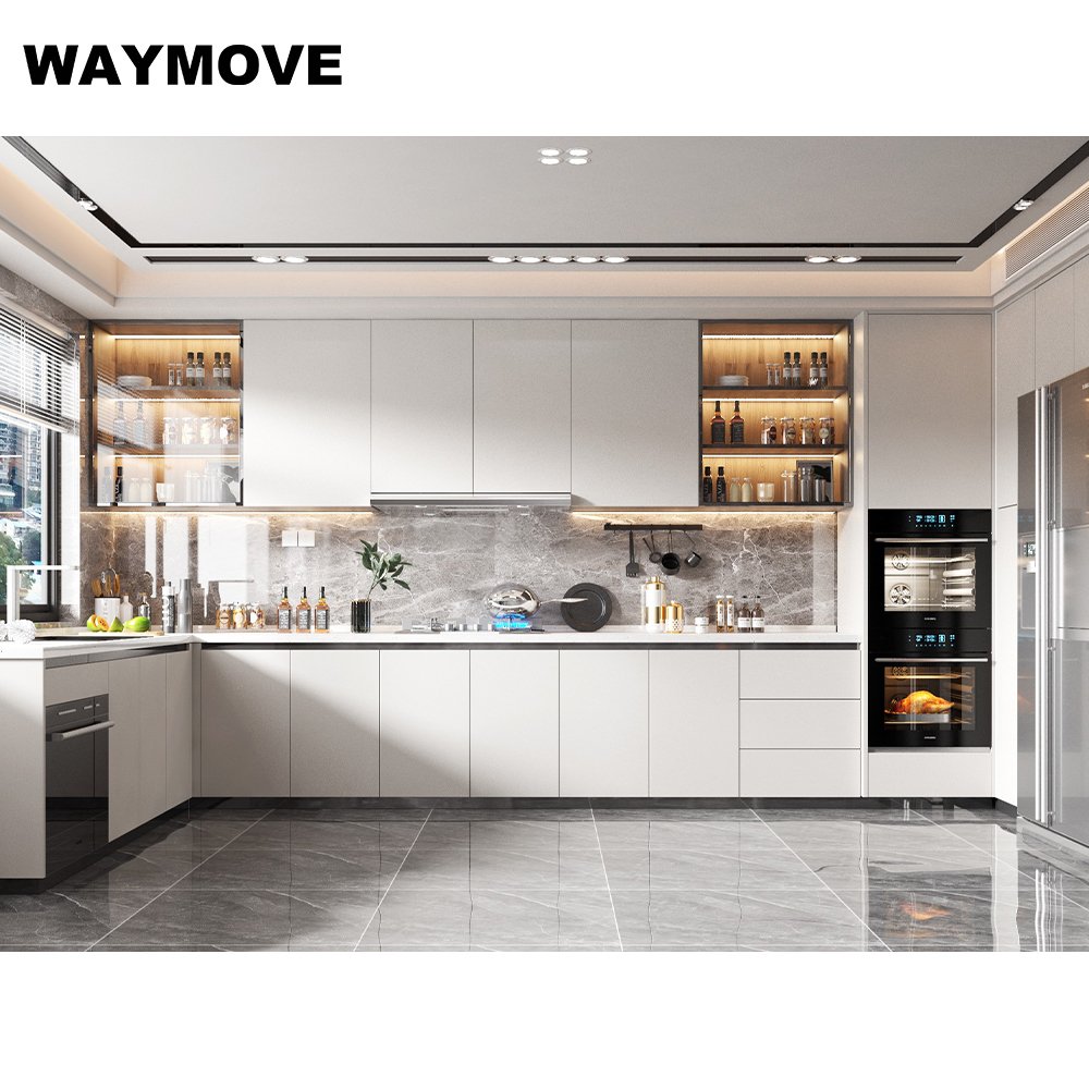 WAYMOVE Modern Kitchen Island Black Glass Sink Wood Glass Cabinets MDF PVC Door Includes Drawer Slide Faucet Backsplash