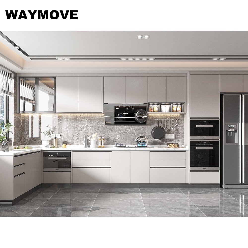 WAYMOVE Modern Kitchen Island Black Glass Sink Wood Glass Cabinets MDF PVC Door Includes Drawer Slide Faucet Backsplash