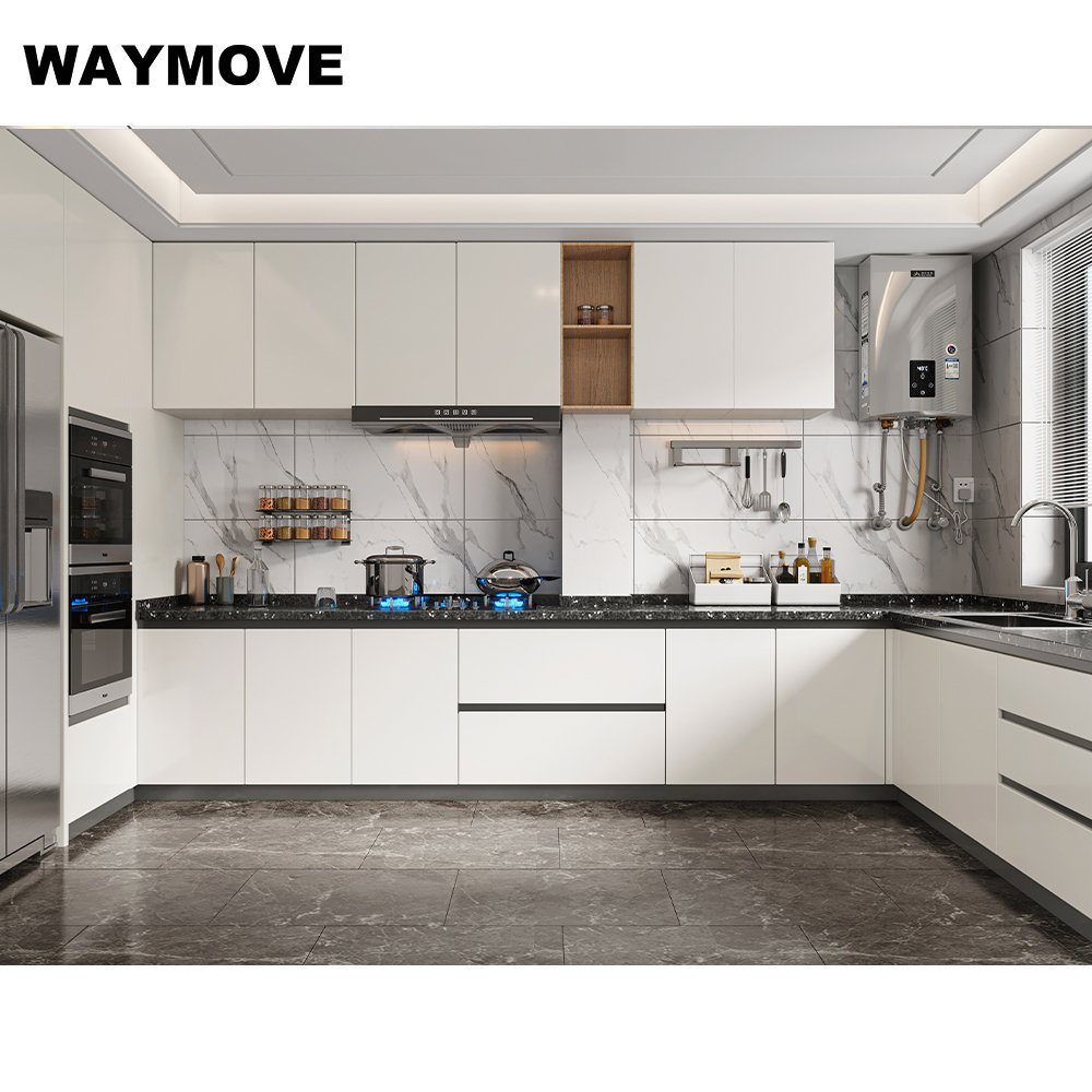 WAYMOVE Modern Kitchen Island Black Glass Sink Wood Glass Cabinets MDF PVC Door Includes Drawer Slide Faucet Backsplash