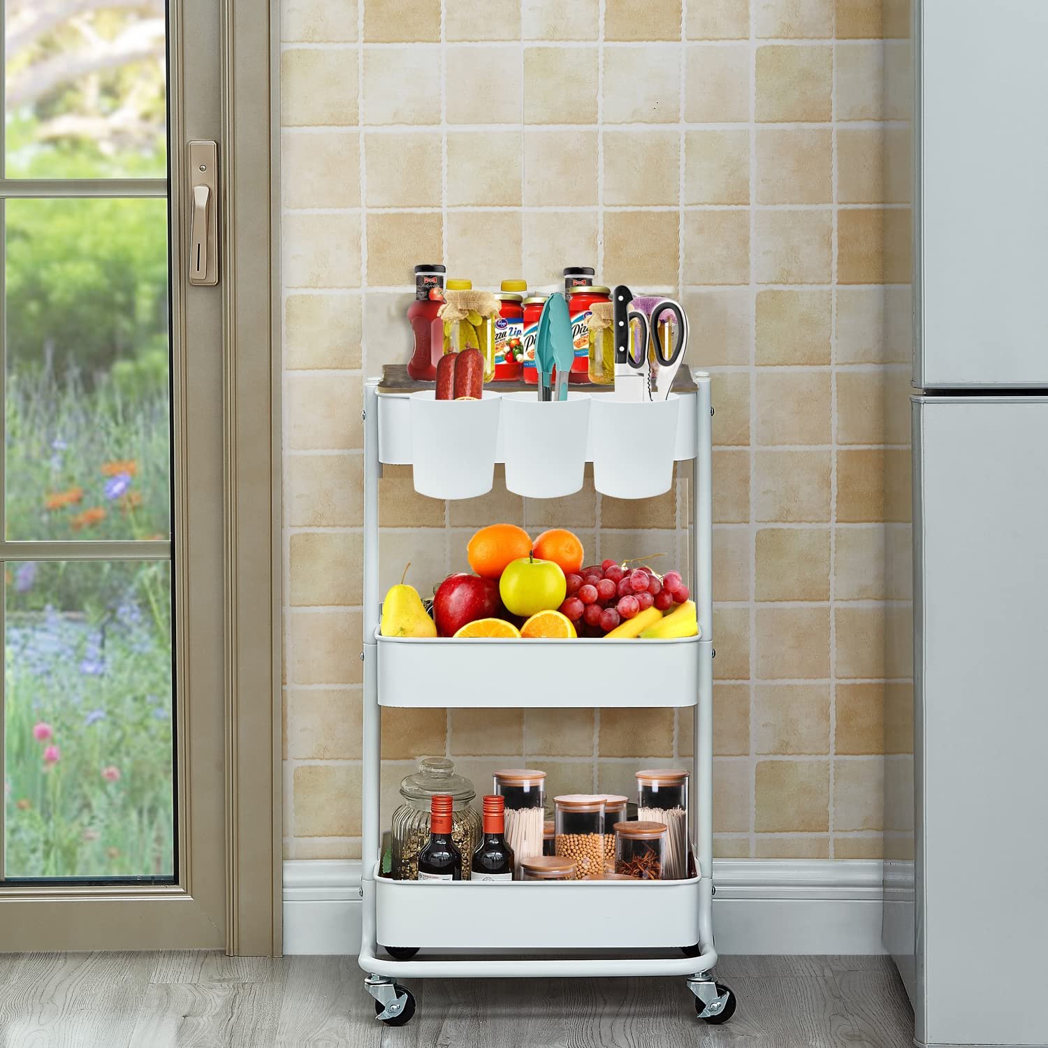 Chinese Supply Small Packing 3-tier With Storage Basket Detachable Storage Drawer Cart Metal Cart With Wooden Lid