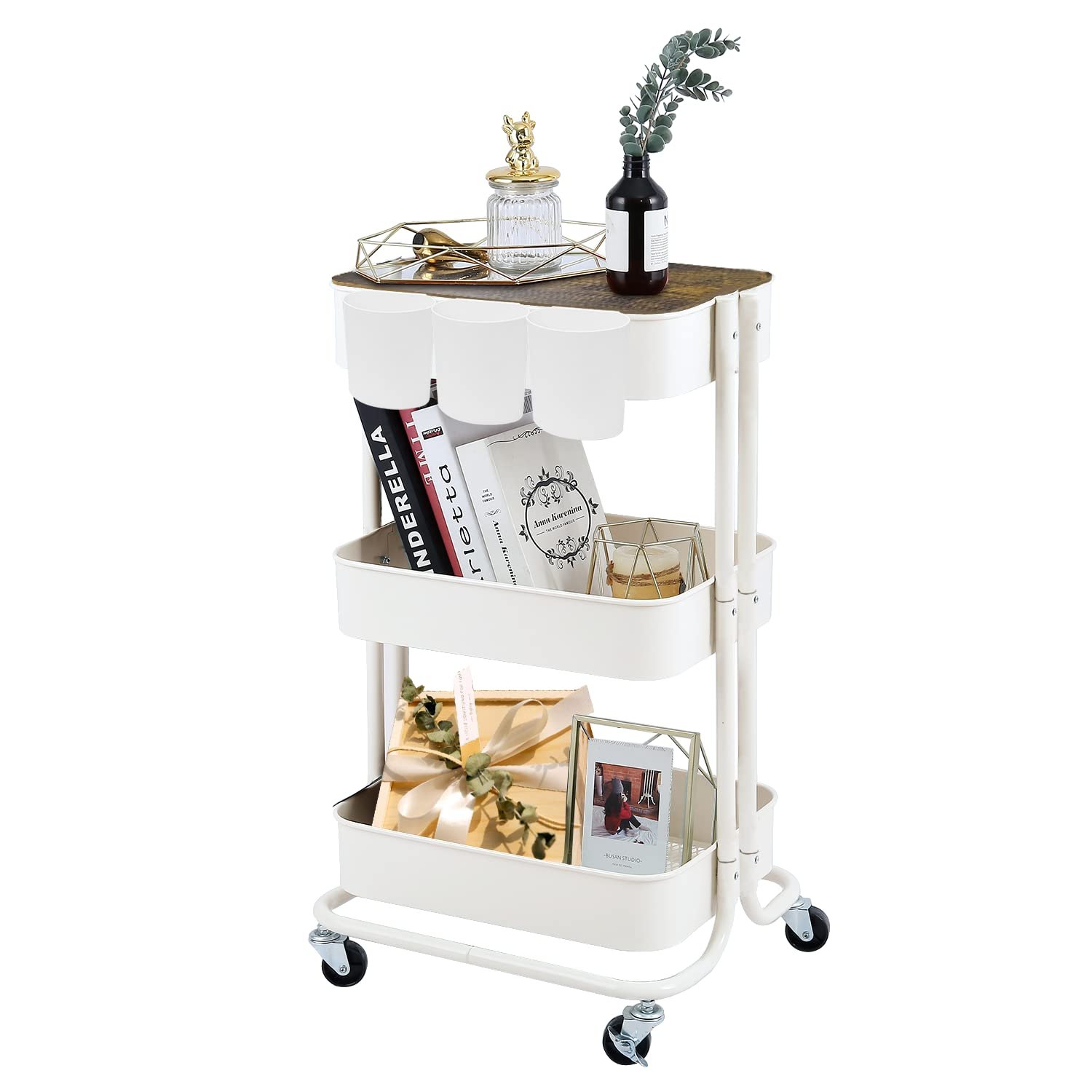 Chinese Supply Small Packing 3-tier With Storage Basket Detachable Storage Drawer Cart Metal Cart With Wooden Lid