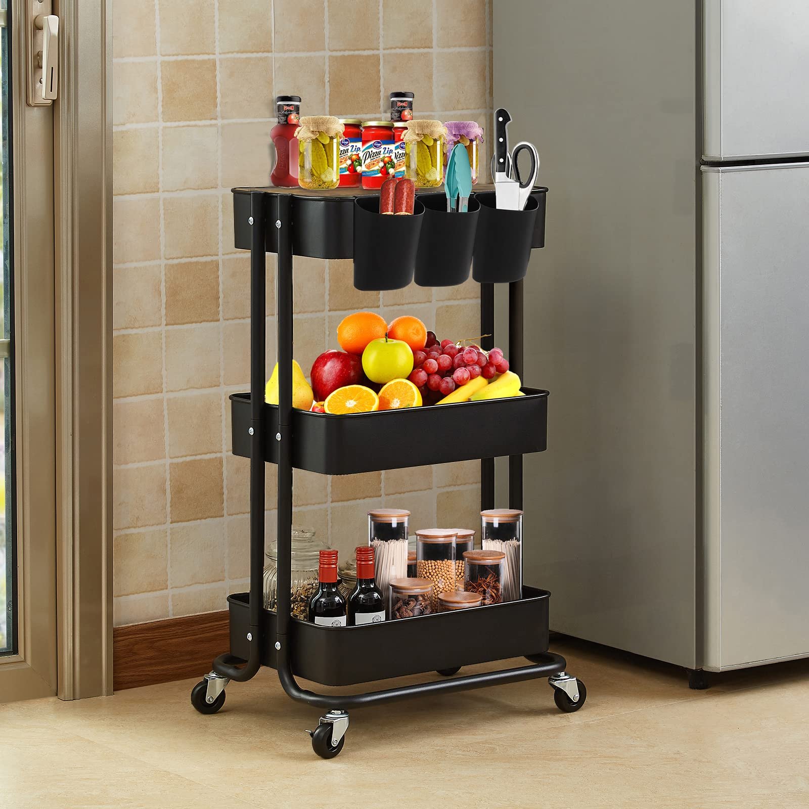 Chinese Supply Small Packing 3-tier With Storage Basket Detachable Storage Drawer Cart Metal Cart With Wooden Lid