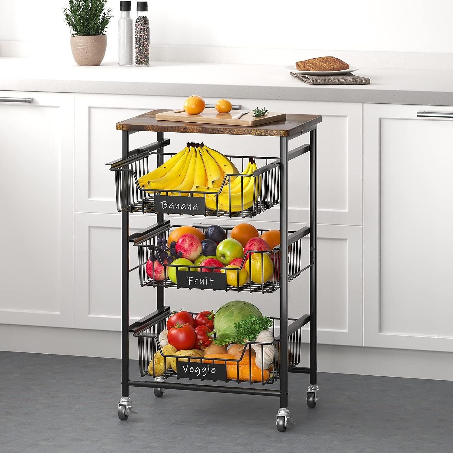 4-Tier Metal Utility Rolling Cart Kitchen Storage Cart for Fruit Vegetable Basket with Wheels