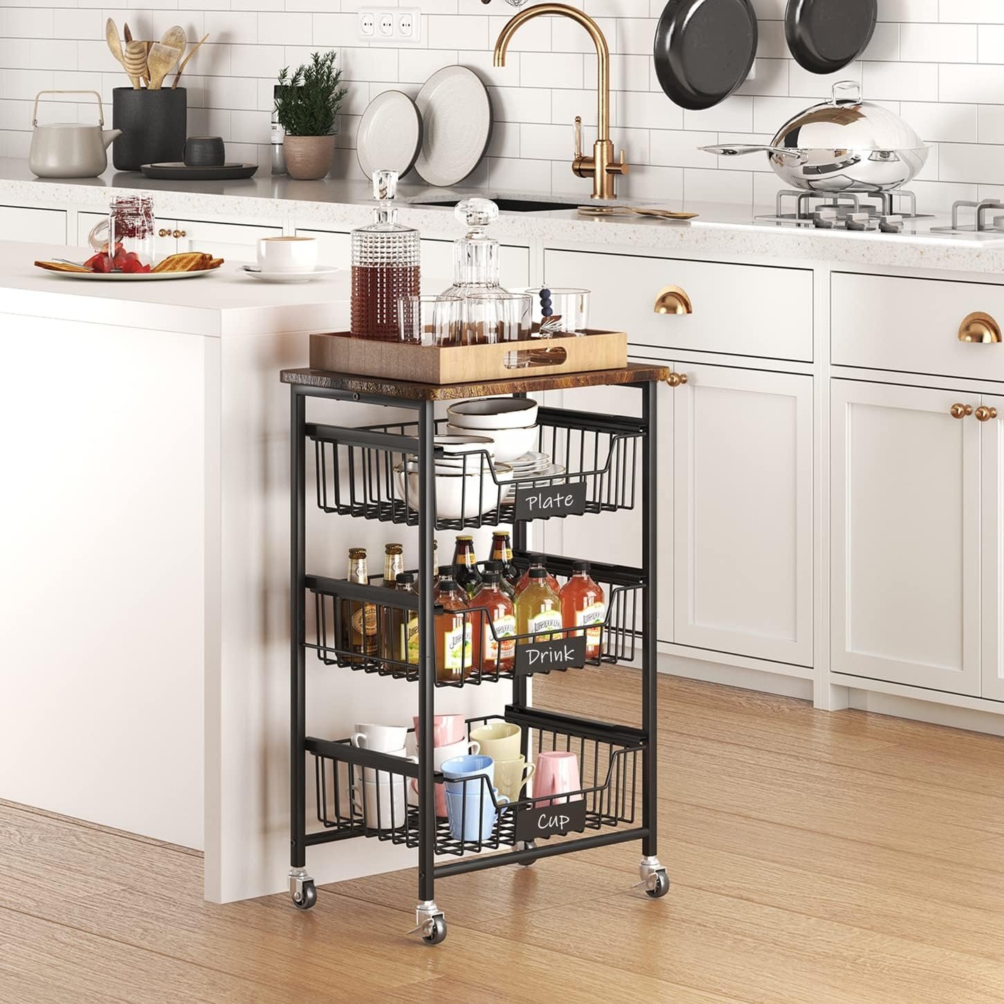 4-Tier Metal Utility Rolling Cart Kitchen Storage Cart for Fruit Vegetable Basket with Wheels
