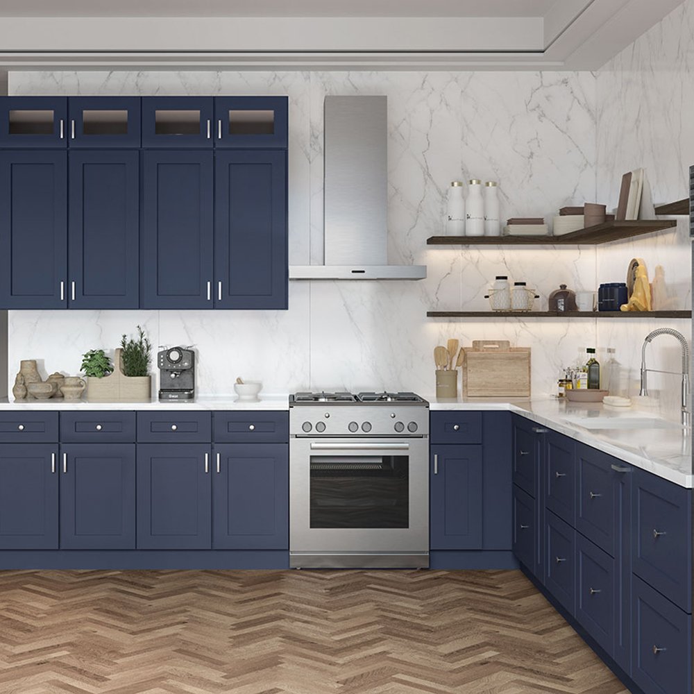 Kitchen Furniture Luxury Custom Designs Navy Modern Style Solid Wood RTA Soft Close Modular Kitchen Cabinets from Vietnam