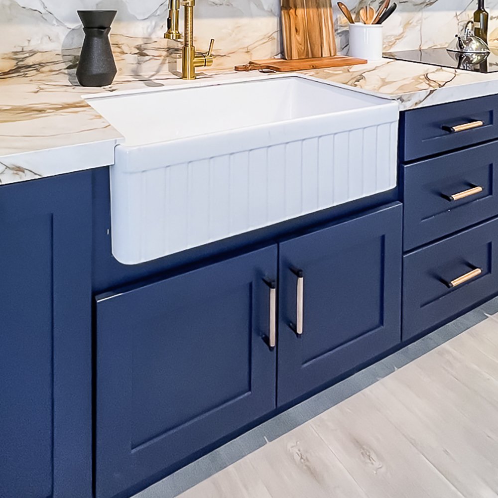 Kitchen Furniture Luxury Custom Designs Navy Modern Style Solid Wood RTA Soft Close Modular Kitchen Cabinets from Vietnam