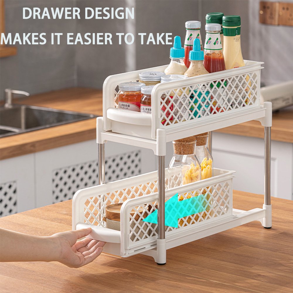 Household Pull-out 2 Tier Storage Rack Plastic Kitchen Spice Storage Rack Under The Sink Organizers Storage Shelf Drawer