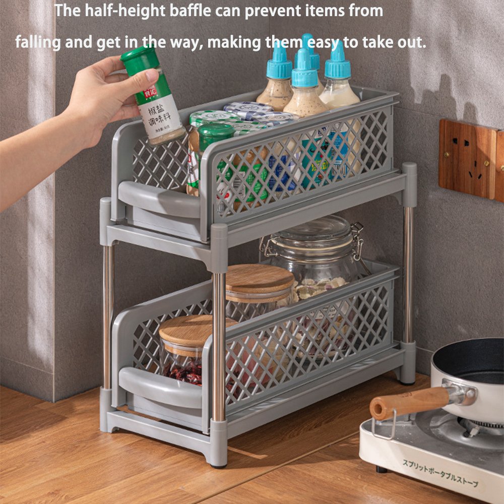 Household Pull-out 2 Tier Storage Rack Plastic Kitchen Spice Storage Rack Under The Sink Organizers Storage Shelf Drawer