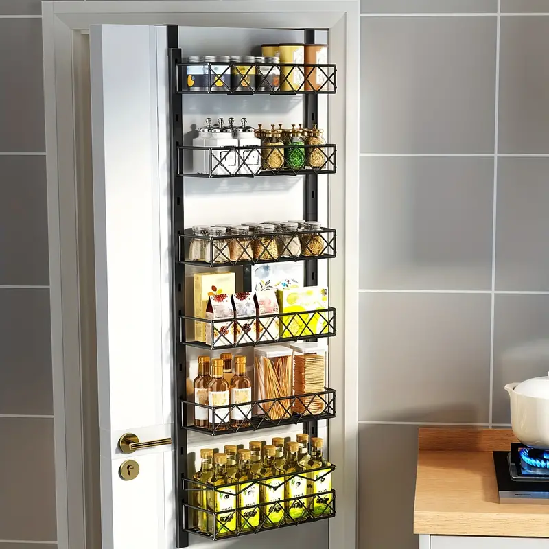 Popular 6 Tier Bamboo Spice Rack Tray Multiple Purposes 6 Layers Over Door Pantry Shelf Organizer Storage Baskets Hanging Rack