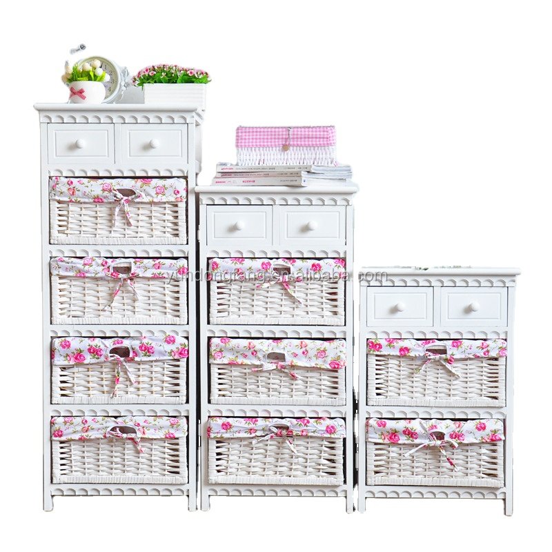 set of 3 solid wood furniture storage wooden cabinet with rattan baskets and drawers