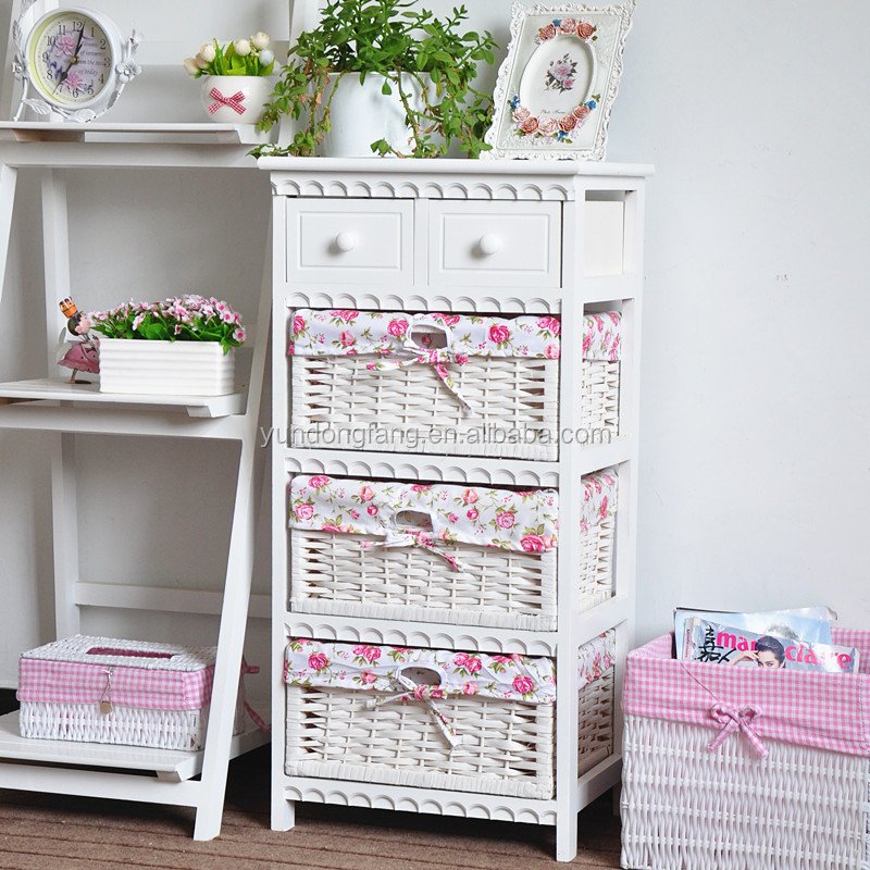 set of 3 solid wood furniture storage wooden cabinet with rattan baskets and drawers