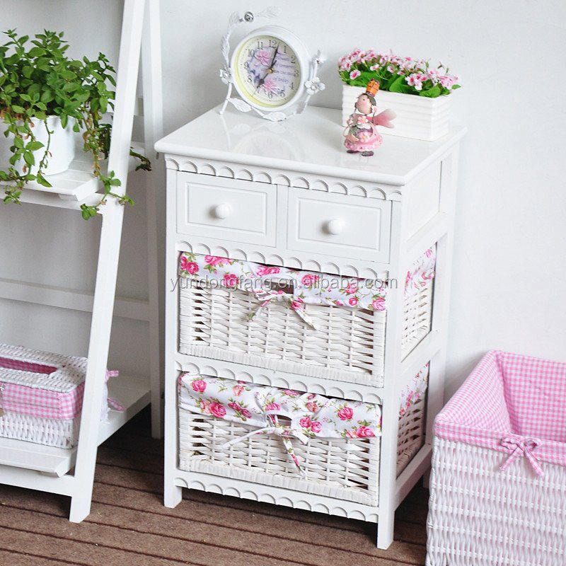 set of 3 solid wood furniture storage wooden cabinet with rattan baskets and drawers
