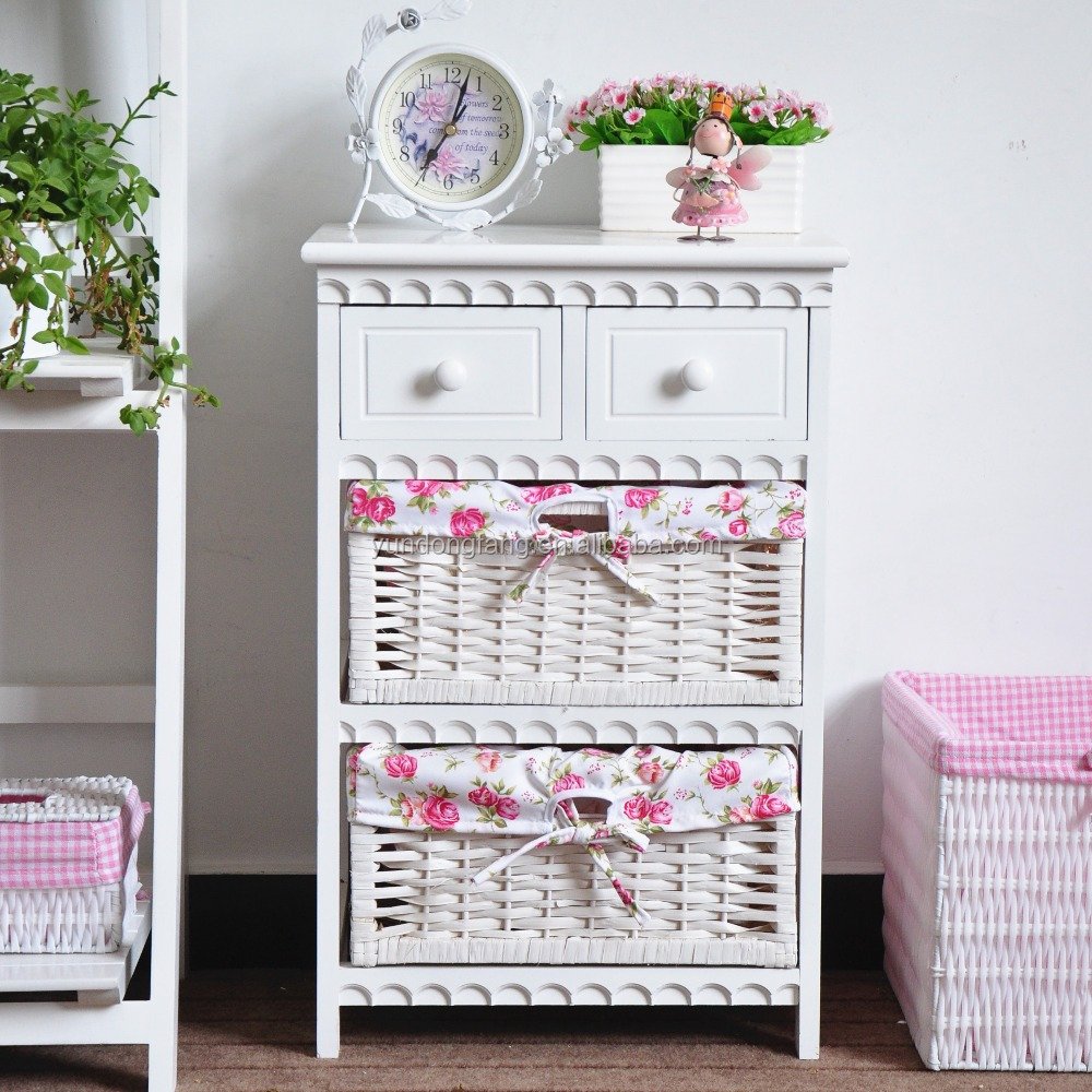 set of 3 solid wood furniture storage wooden cabinet with rattan baskets and drawers