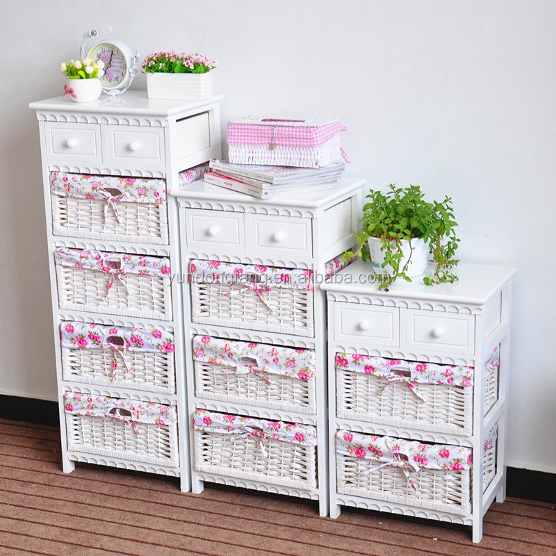set of 3 solid wood furniture storage wooden cabinet with rattan baskets and drawers