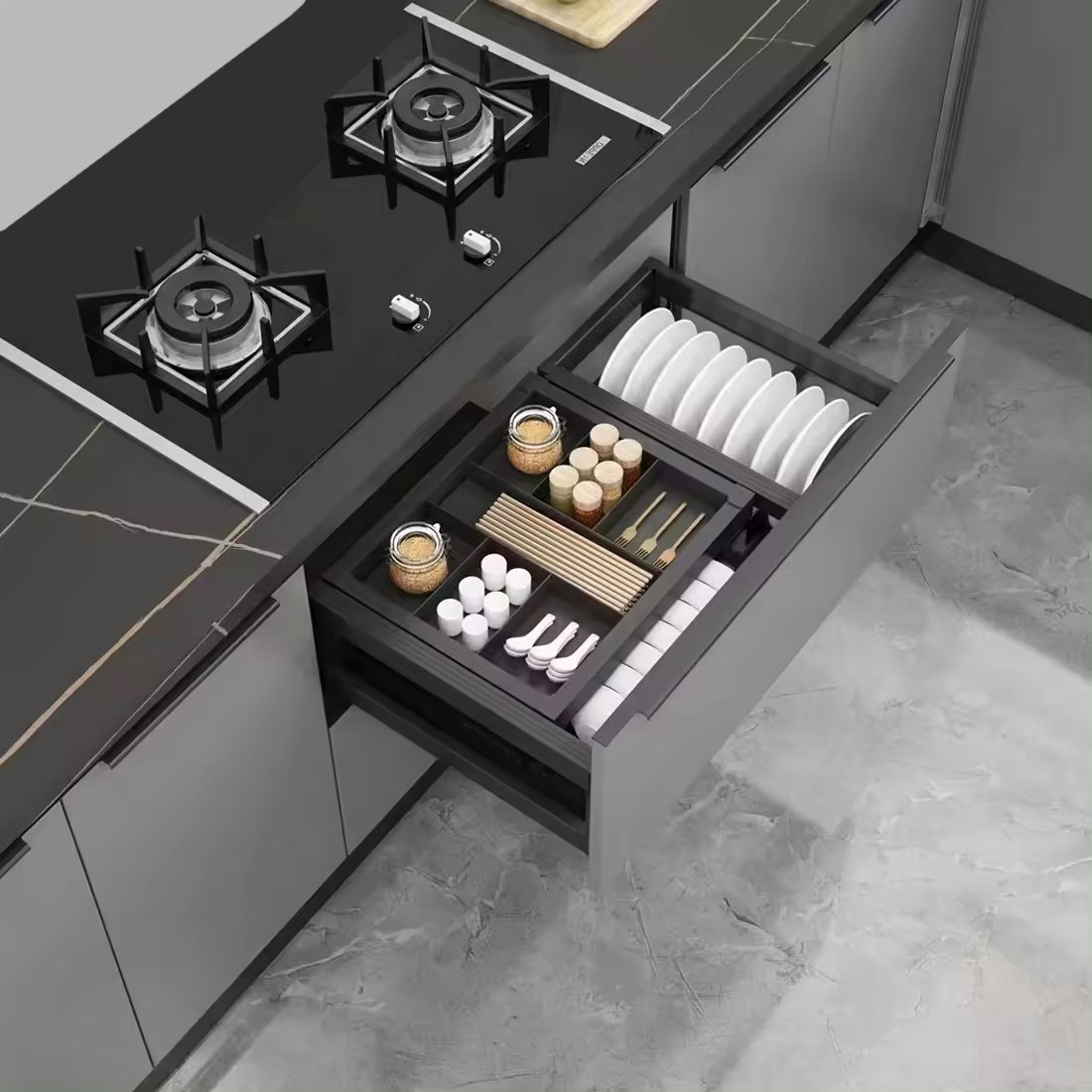 ComSol Dish And Bowl Rack Pull Out Drawer Basket Aluminum Alloy Dish Rack Pull-Out Metal Basket For Kitchen Cabinet