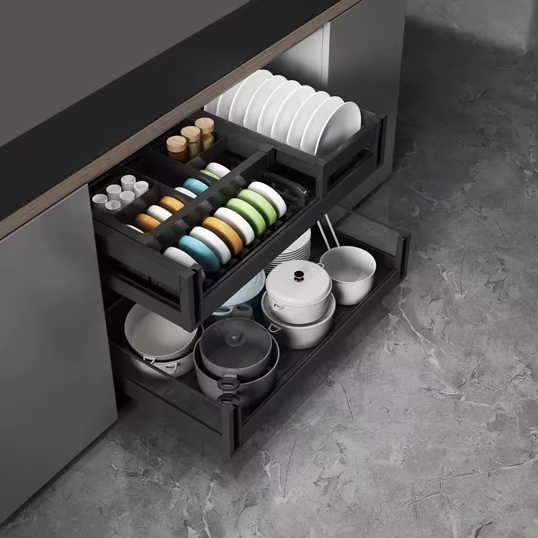 ComSol Dish And Bowl Rack Pull Out Drawer Basket Aluminum Alloy Dish Rack Pull-Out Metal Basket For Kitchen Cabinet