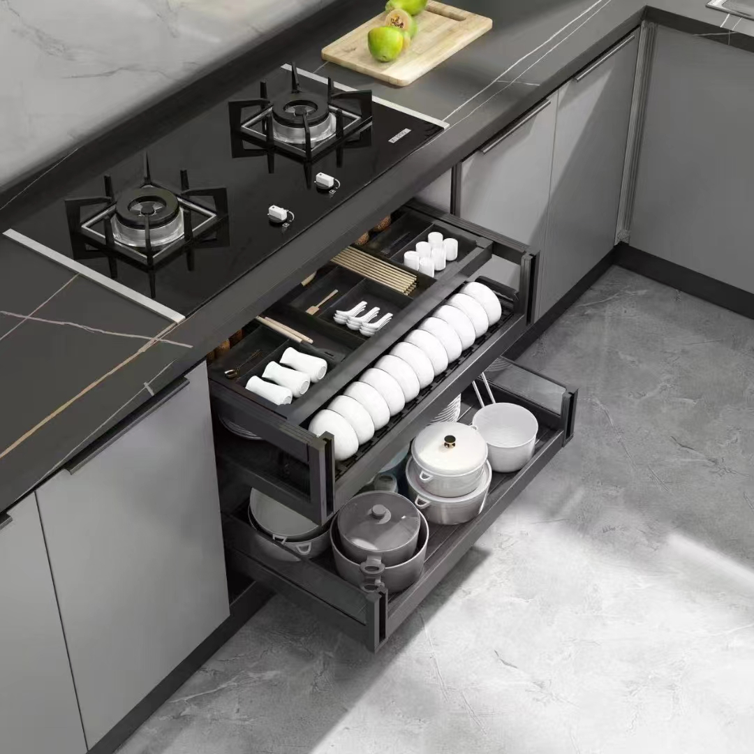 ComSol Dish And Bowl Rack Pull Out Drawer Basket Aluminum Alloy Dish Rack Pull-Out Metal Basket For Kitchen Cabinet