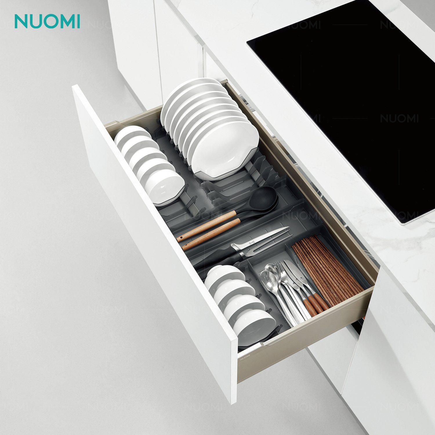 NUOMI ENCANTO Multifunctional Pull Out Dish Drawer Basket Kitchen Cabinet Storage Basket with Cutlery Tray