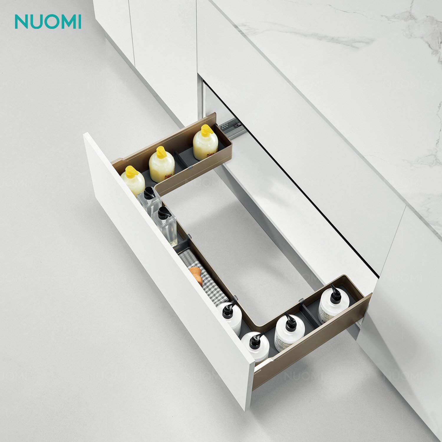 NUOMI ENCANTO Multifunctional Pull Out Dish Drawer Basket Kitchen Cabinet Storage Basket with Cutlery Tray