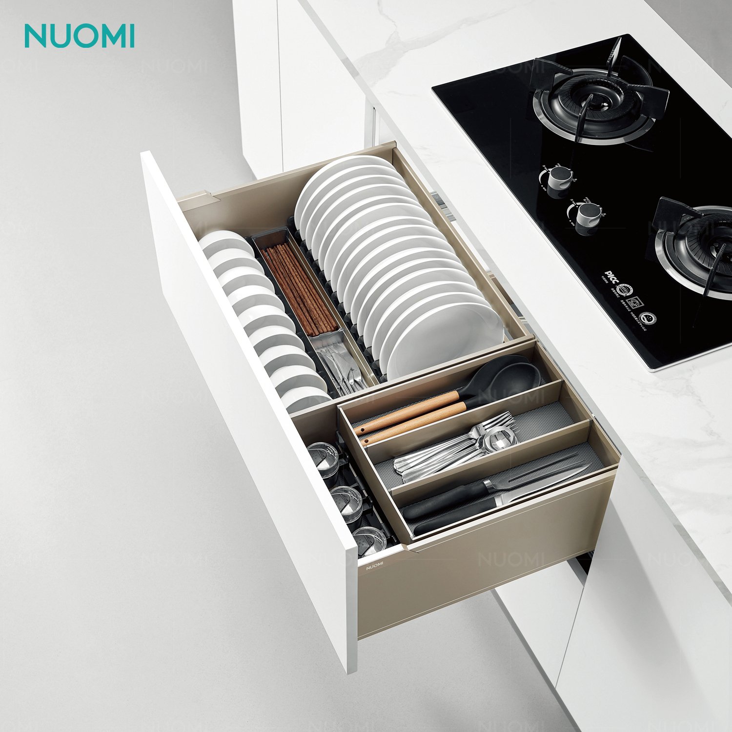 NUOMI ENCANTO Multifunctional Pull Out Dish Drawer Basket Kitchen Cabinet Storage Basket with Cutlery Tray