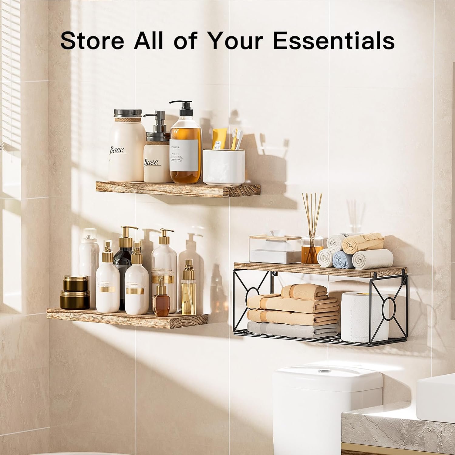 Wholesale Wood Wall Shelves,Wooden Bathroom Floating Shelves with Storage Baskets,Rustic Wooden Wall Mounted Storage Shelves