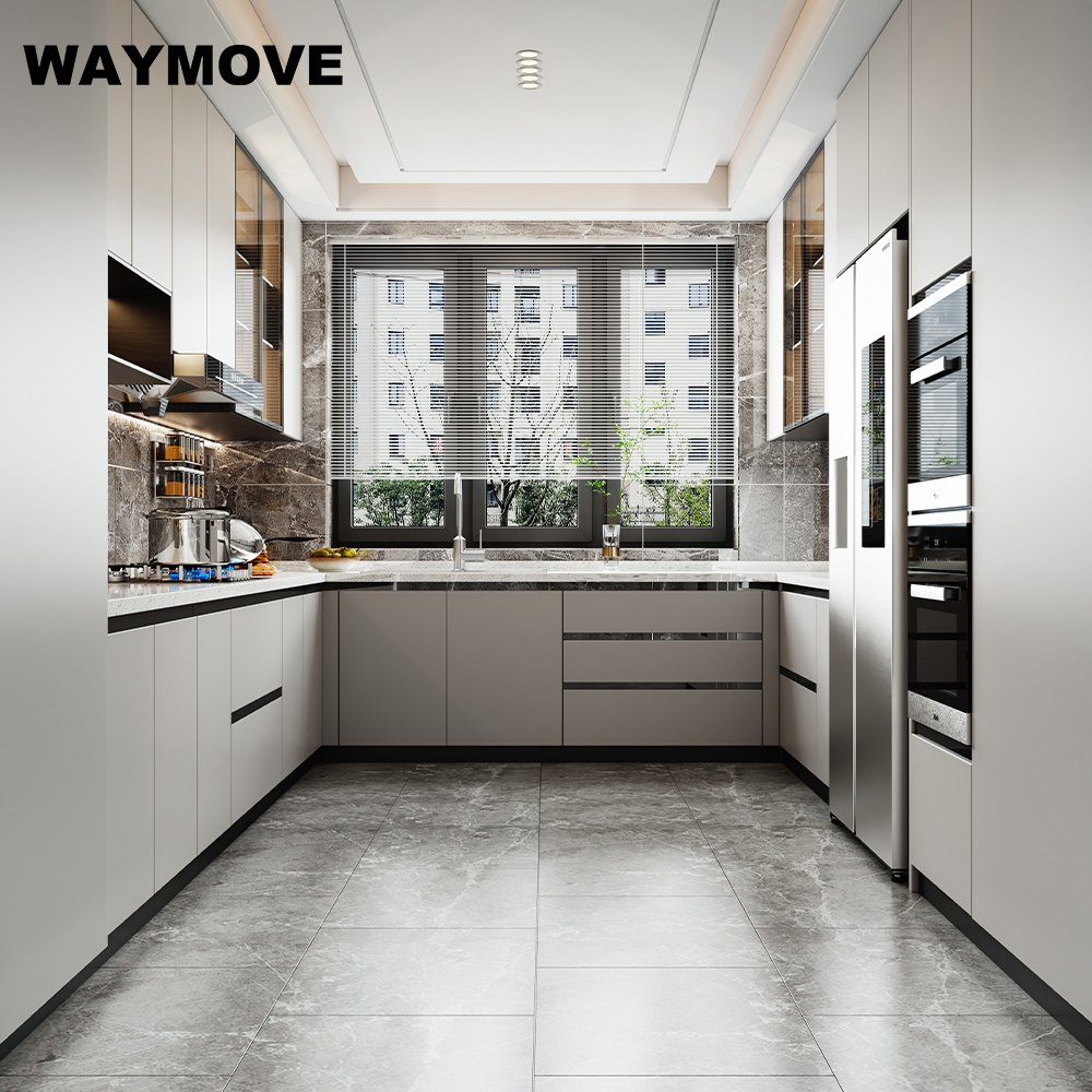 WAYMOVE Modern Kitchen Storage Cabinet Lacquer Wood with Acrylic Door Panel Sink Hinge Faucet-Wooden Board Accessory