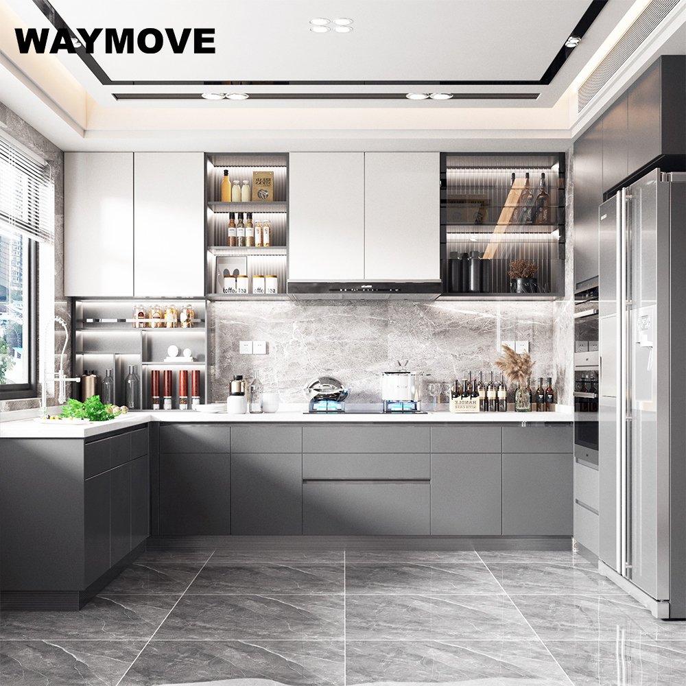 WAYMOVE Modern Kitchen Storage Cabinet Lacquer Wood with Acrylic Door Panel Sink Hinge Faucet-Wooden Board Accessory