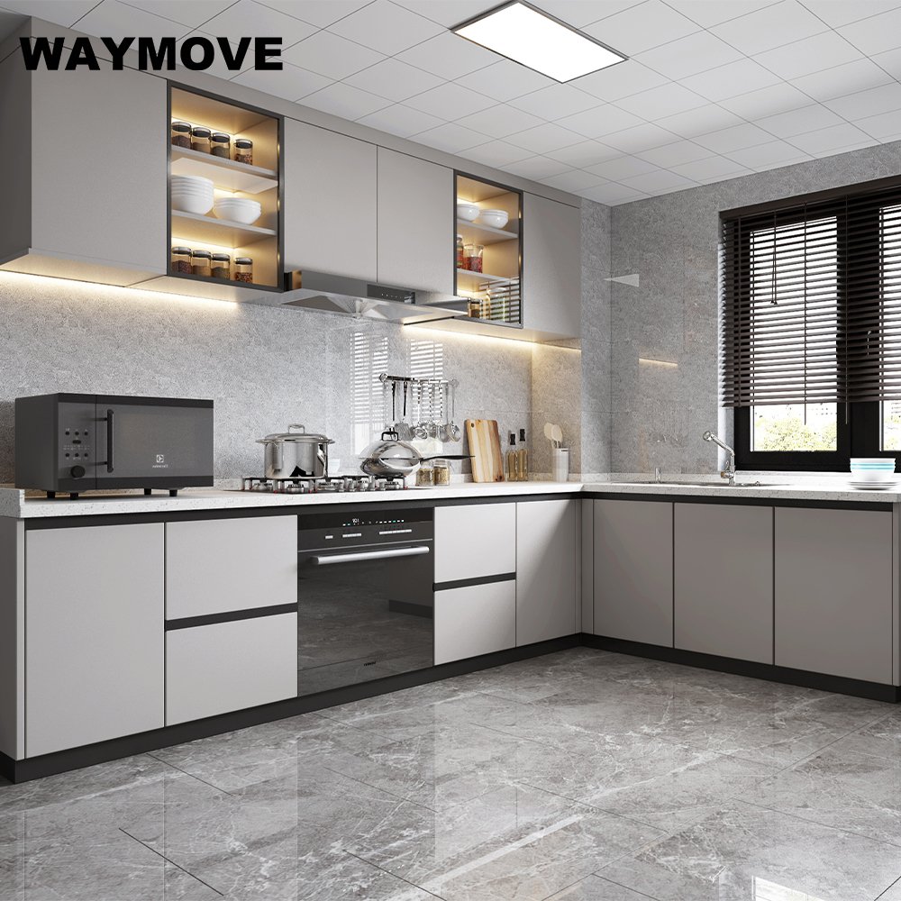 WAYMOVE Modern Kitchen Storage Cabinet Lacquer Wood with Acrylic Door Panel Sink Hinge Faucet-Wooden Board Accessory