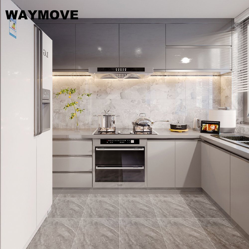 WAYMOVE Modern Kitchen Storage Cabinet Lacquer Wood with Acrylic Door Panel Sink Hinge Faucet-Wooden Board Accessory
