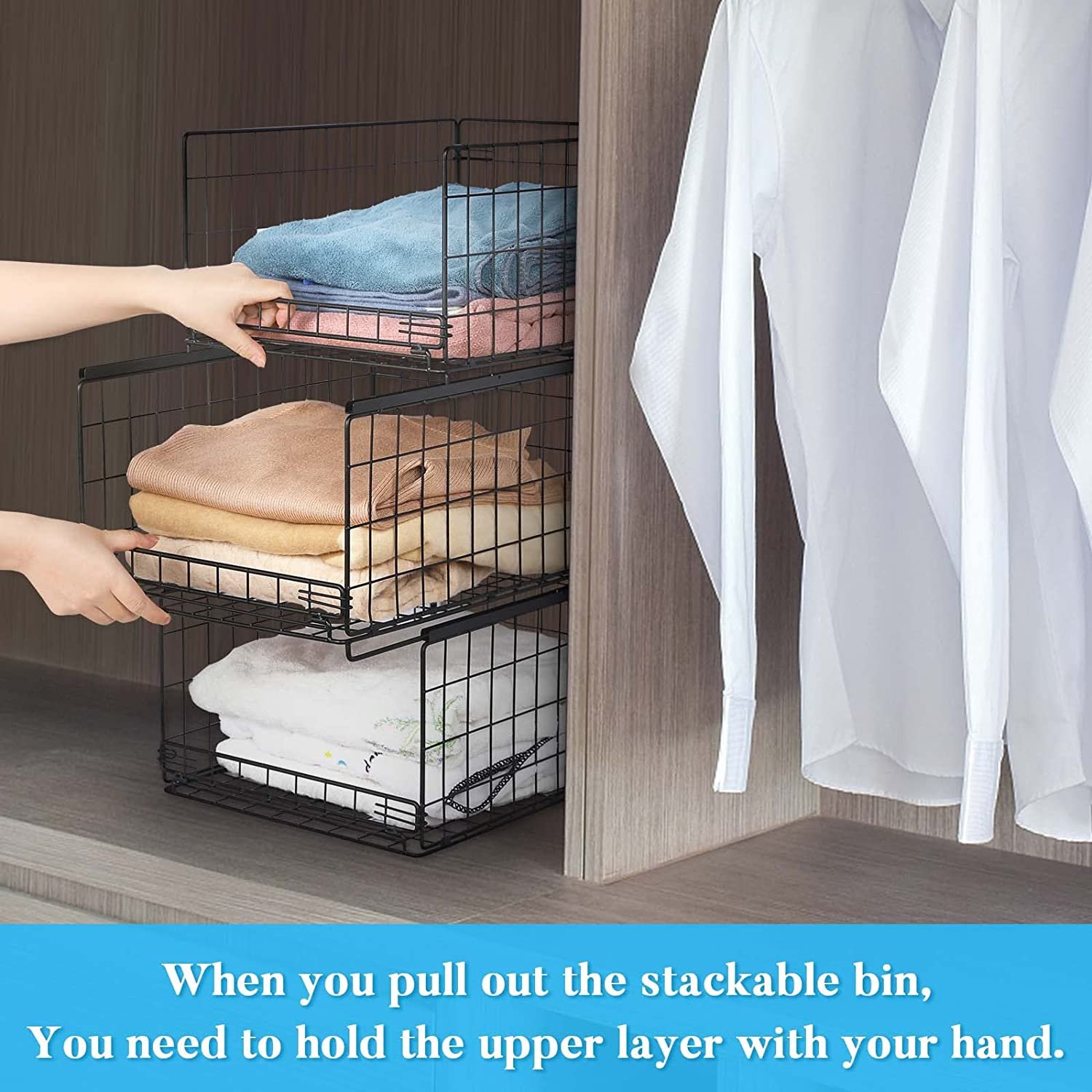Foldable Pull Out Storage Basket 3 Tier Detectable Stackable Free Standing Countertop Closet Storage Metal Organizer and Drawer