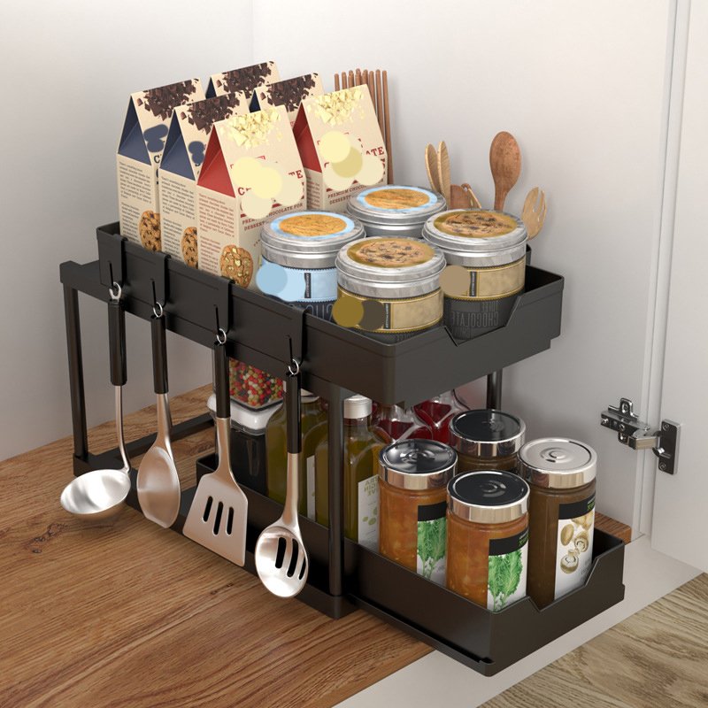2 Tier Sliding Storage Boxes Kitchen Sink Organization Put Out Drawer under sink organizers and storage