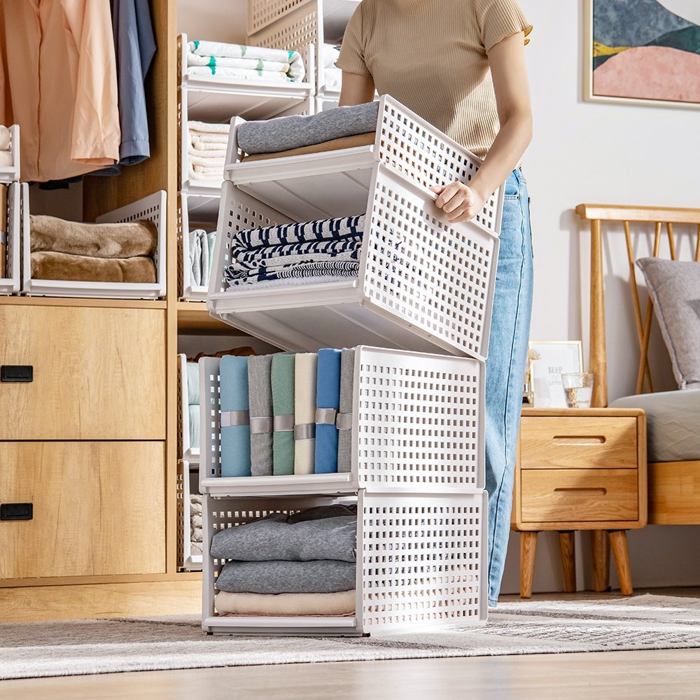 Modern Stackable Folding Collapsible Foldable Plastic Clothing Storage Basket Closet Drawer Storage Box