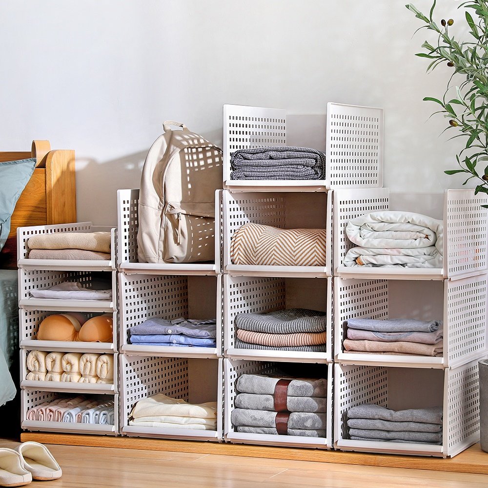 Modern Stackable Folding Collapsible Foldable Plastic Clothing Storage Basket Closet Drawer Storage Box