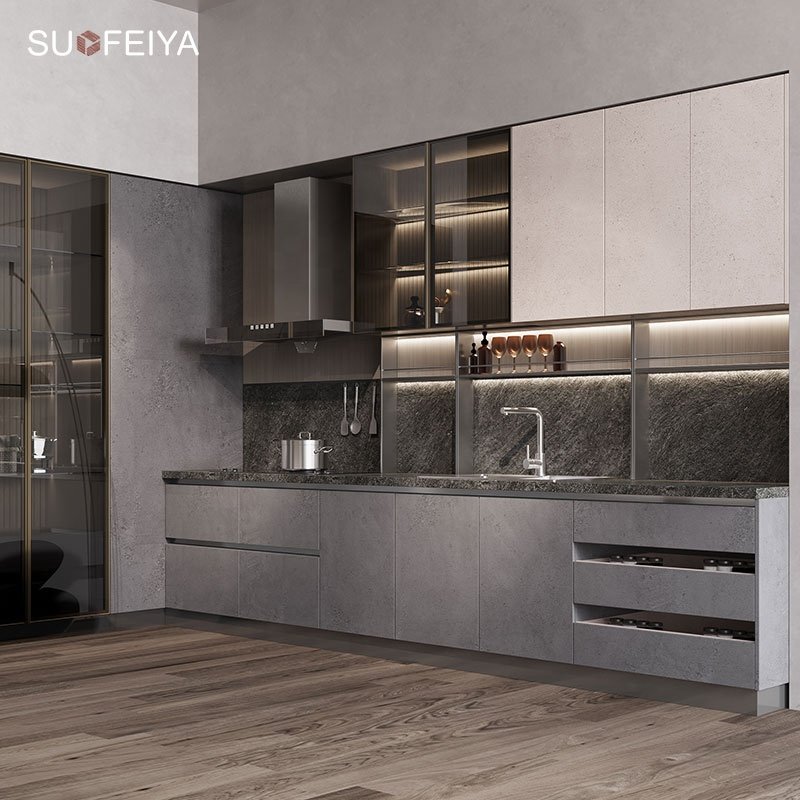 Suofeiya Cuisine America Modern Black and White L Shaped Wall Kitchen Cabinet Price European Retro in Ghana
